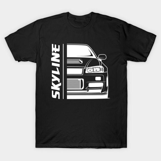 Front Skyline R34 JDM T-Shirt by GoldenTuners